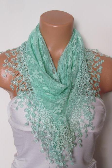 Green Long Scarf With Fringe-winter Fashion Scarf-headband-necklace- Infinity Scarf- Winter Accessory-long Scarf