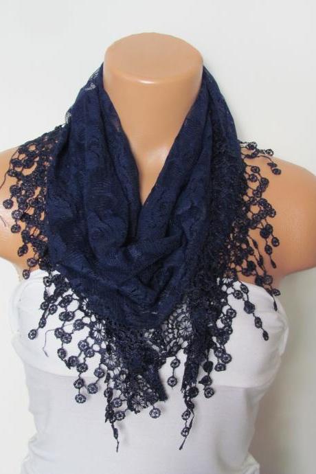 Dark Blue Long Scarf With Fringe-winter Fashion Scarf-headband-necklace- Infinity Scarf- Winter Accessory-long Scarf