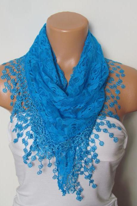 Blue Long Scarf With Fringe-winter Fashion Scarf-headband-necklace- Infinity Scarf- Winter Accessory-long Scarf