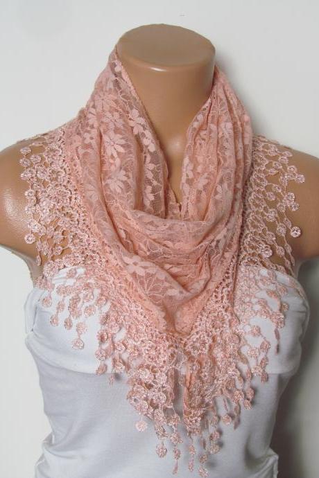Salmon Long Scarf With Fringe-winter Fashion Scarf-headband-necklace- Infinity Scarf- Winter Accessory-long Scarf
