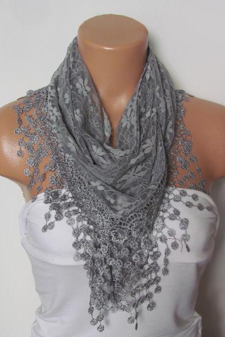 Grey Long Scarf With Fringe-winter Fashion Scarf-headband-necklace- Infinity Scarf- Winter Accessory-long Scarf