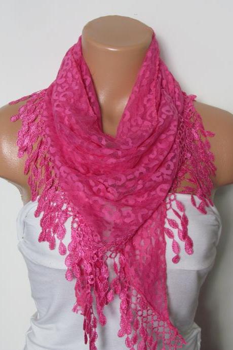Pink Long Scarf With Fringe-Winter Fashion Scarf-Headband-Necklace- Infinity Scarf- Winter Accessory-Long Scarf