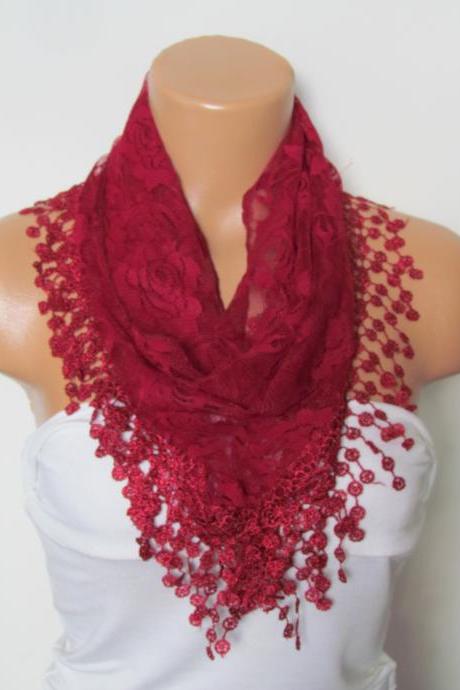 Claret Red Long Scarf With Fringe-Winter Fashion Scarf-Headband-Necklace- Infinity Scarf- Winter Accessory-Long Scarf