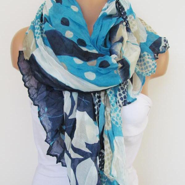 Navy Blue and Cream Floral Polka-dot Pattern Scarf Spring Summer Scarf Infinity Scarf Women's Fashion Accessories Trend Holidays Easter Gift Ideas For Her