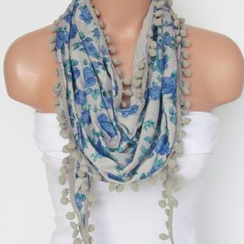 Blue Floral Pompon Scarf -Winter Fashion Scarf-Shawl Scarf-Headband-Necklace- Infinity Scarf- Winter Accessory-Long Scarf