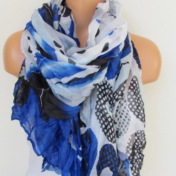 Navy Blue Black and White Floral Polka-dot Pattern Scarf Spring Summer Scarf Infinity Scarf Women's Fashion Accessories Trend Holidays Easter Gift Ideas For Her