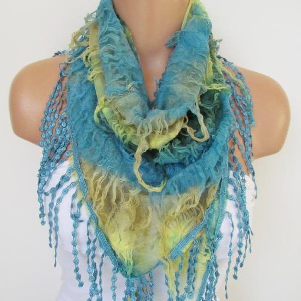 Blue and Yellow Scarf with fringe -Triangle Shawl Scarf-Spring Fashion-Lace Scarf- Neckwarmer- Infinity Scarf-Mother's Day Gift