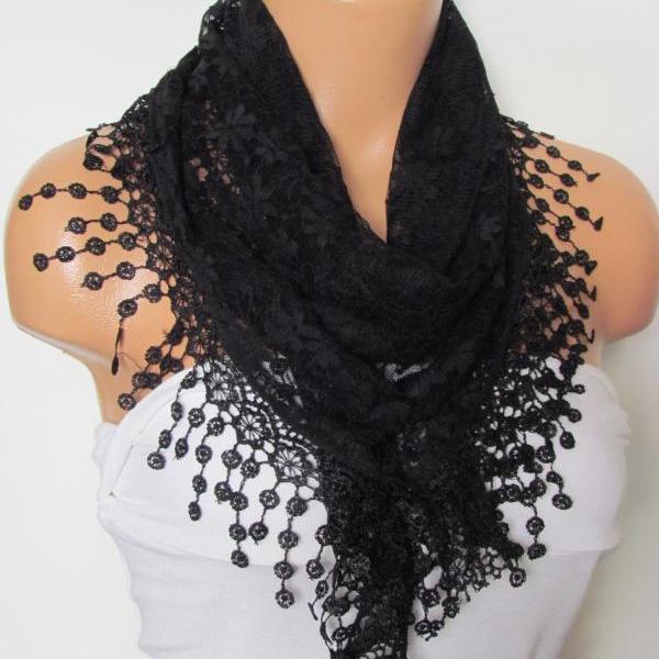 Black Long Scarf With Fringe-Winter Fashion Scarf-Headband-Necklace- Infinity Scarf- Winter Accessory-Long Scarf