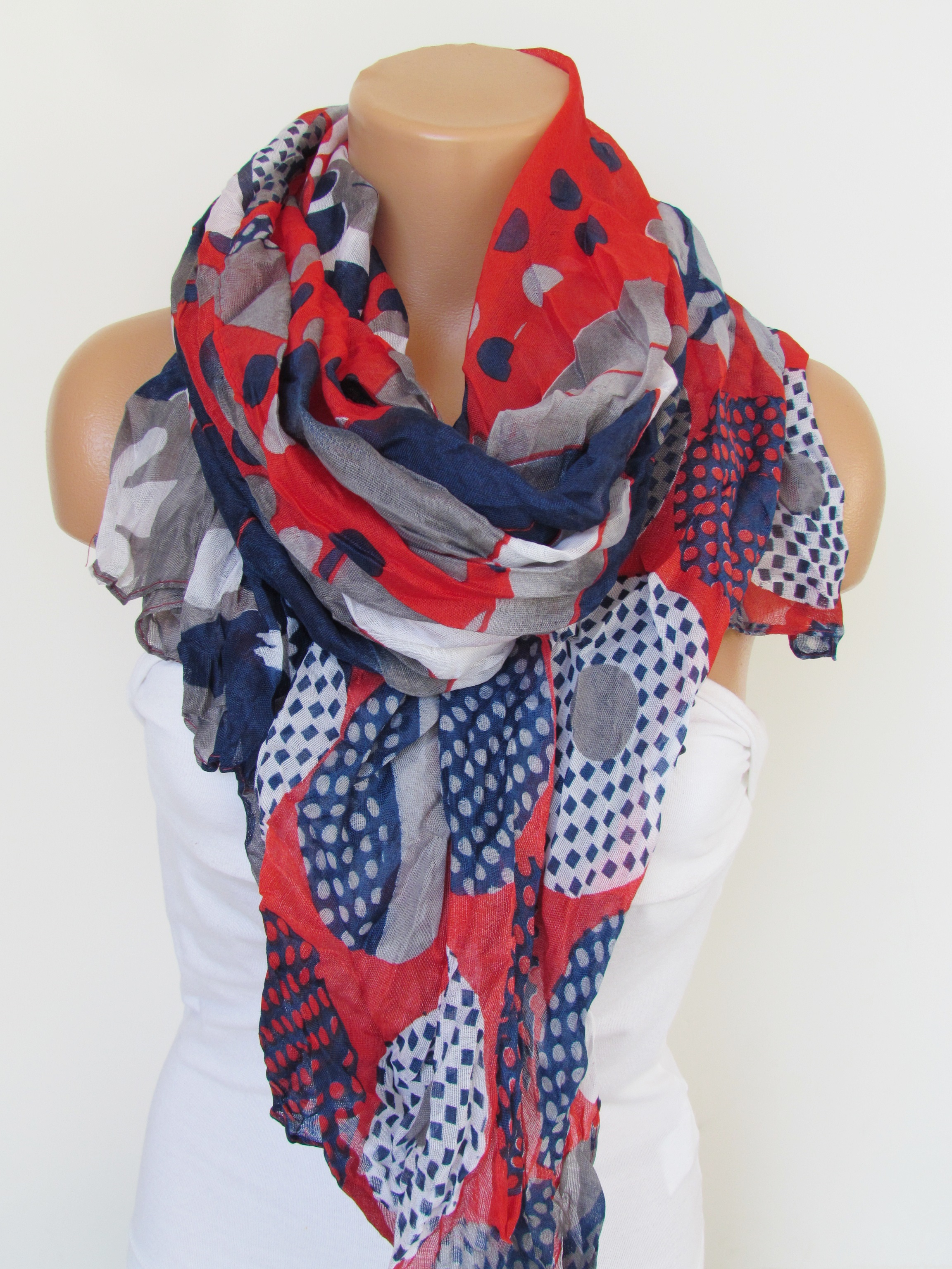 Red Navy Blue And Grayfloral Polka Dot Pattern Scarf Spring Summer Scarf Infinity Scarf Women