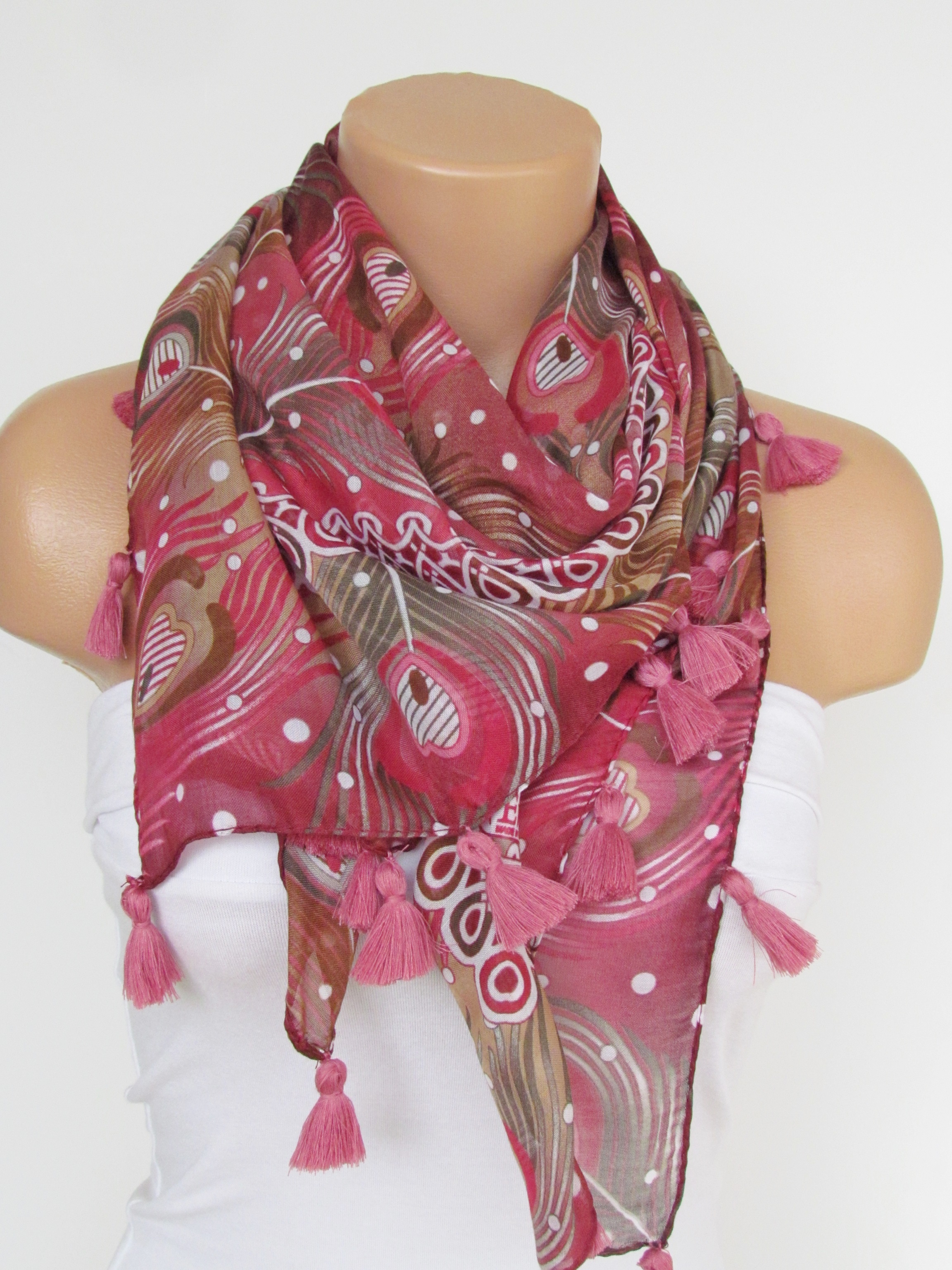 Pink Floral Scarf With Fringe -Triangle Shawl Scarf-Fall Fashion-Necklace-Cotton Scarf 